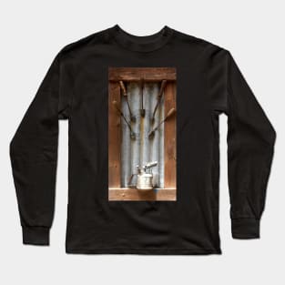 Corrugated Iron, Blow torch and Tools in wooden frame Long Sleeve T-Shirt